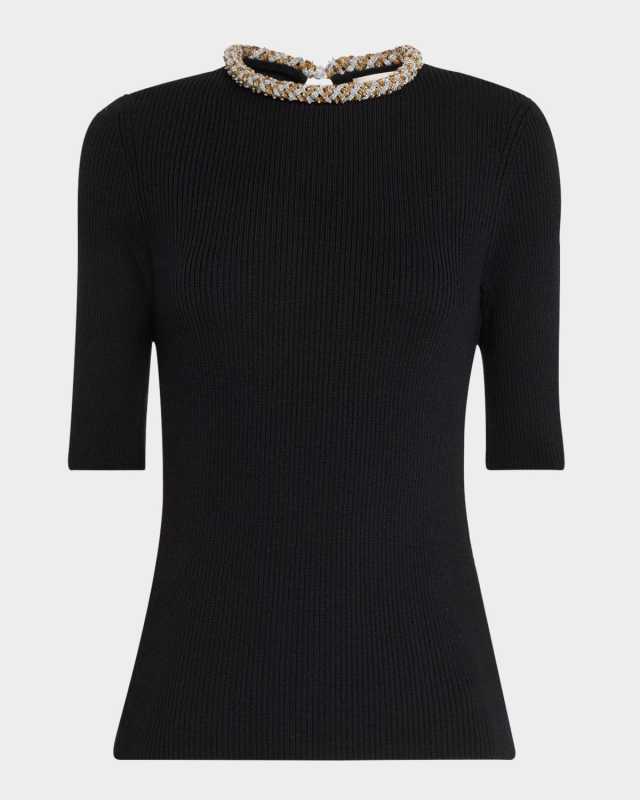 Embellished Elbow-Sleeve Rib Knit Sweat
